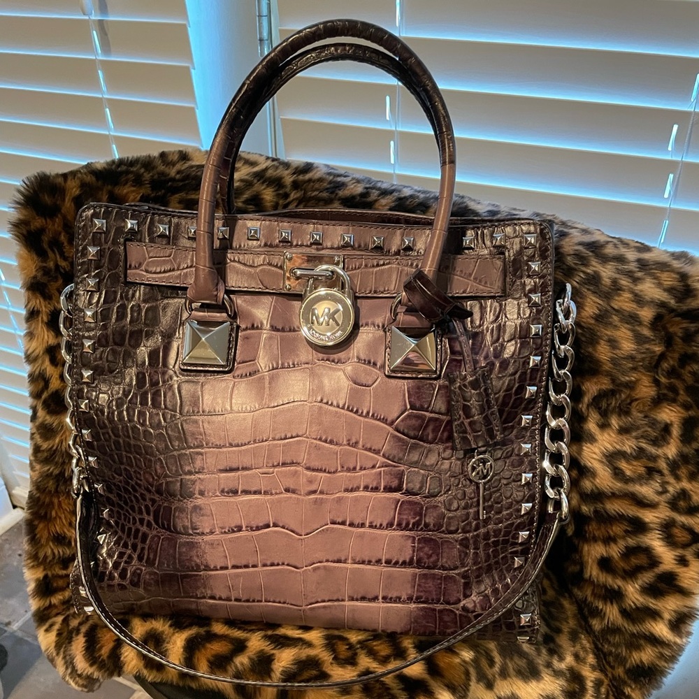 MICHAEL KORS Hamilton Ombré Gray Croc Embossed  Large Leather Satchel
